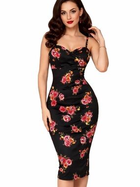 Stop Staring Black Floral Wiggle Dress Size Small Pin Up Retro Bodycon